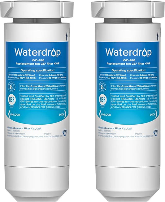 Waterdrop XWF Water Filter for GE® XWF Refrigerator, Replacement for GE® XWF, WR17X30702, 2 Filters(NOT XWFE®)