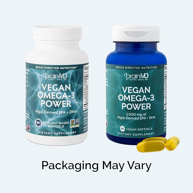 BRAINMD Dr Amen Vegan Omega-3 Power - 60 Plant-Based Softgels - 1,100 mg of EPA & DHA - Supports Focus, Memory & Heart Health - Vegan, Gluten Free & Non-GMO - 30 Servings
