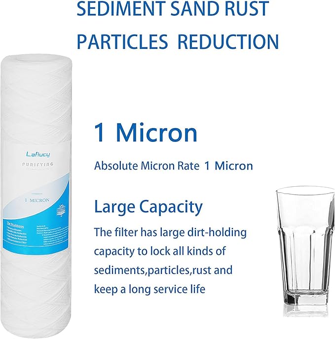 1 Micron 10" x 2.5" String Wound Sediment Water Filter Cartridge,5 Pack,Whole House Sediment Filtration, Universal Replacement for Most 10 inch RO Unit