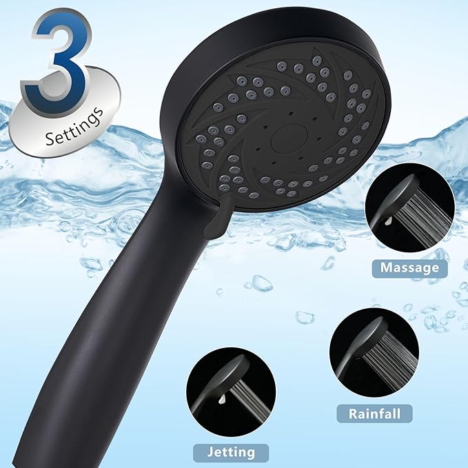 Rain Shower Head with Handheld, High Pressure Rainfall Showerhead and 3 Settings Hand held Spray Combo with Detachable Hose (Black)