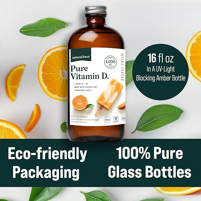 Natural Force Pure Vitamin D – Liquid D3 & K2 with Coconut MCT –1,000 IU, Immunity & Nutrient Absorption Booster- Vegan - Orange Cream, 16 fl oz