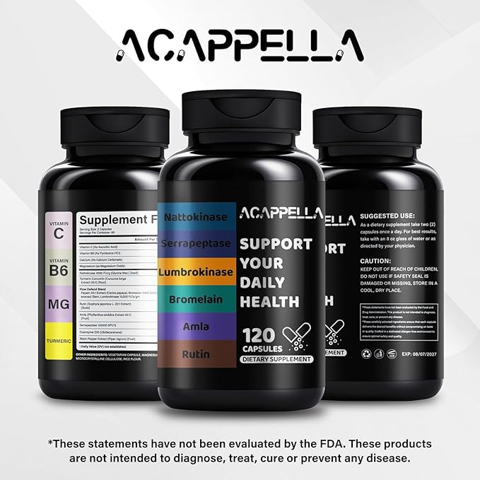 ACAPPELLA Nattokinase, Serrapeptase, Lumbrokinase Supplement, Bromelain, Amla, Rutin with Vitamin C & B6 Capsules (1)