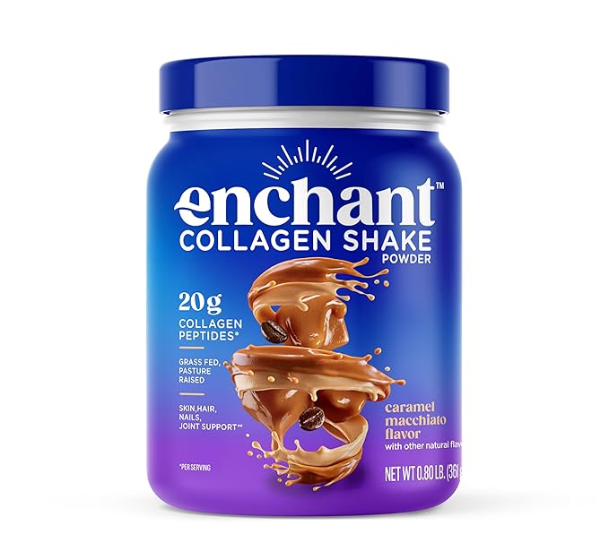 Enchant Collagen Protein Shake powder, Caramel Macchiato flavor – 20g Grass Fed Collagen Peptides, Avocado Oil Creamer, source of Omega 9 Fats + Fiber, for Joints, Muscle, Skin, Hair support, 0.80 lb