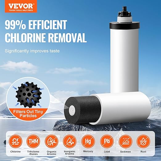 VEVOR Gravity-fed Water Filter System, 2.25G 304 Stainless-Steel Countertop Water Filtration System, Reduces Lead and up to 99% of Chlorine, with 2 Ceramic Carbon Filters, Spigot, and Stand