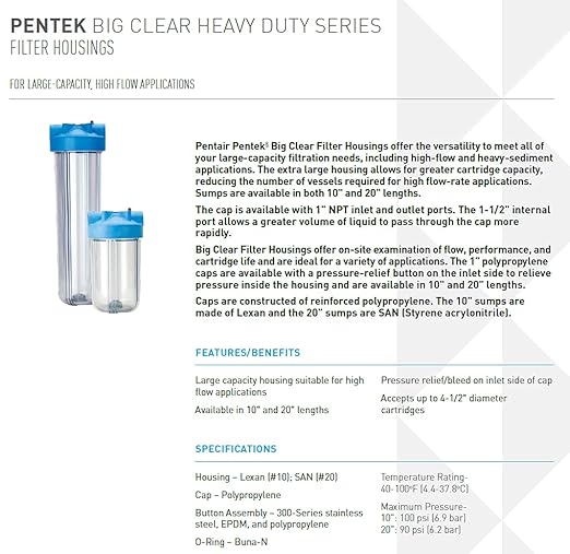 Pentair Pentek 166219 Big Clear Filter Housing, 1" NPT #10 Whole House Heavy Duty Water Filter Housing with Pressure Relief Button, 10-Inch, Blue/Clear