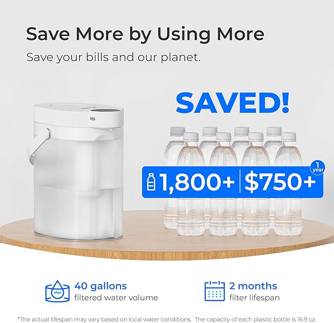 Waterdrop FreshTaste Instant Water Filter Pitcher, Rechargeable Powerful Dispenser, Reduce Chlorine, Lead, Copper, Purify, Soften Water, 17-Cup, White, Does not Lower TDS