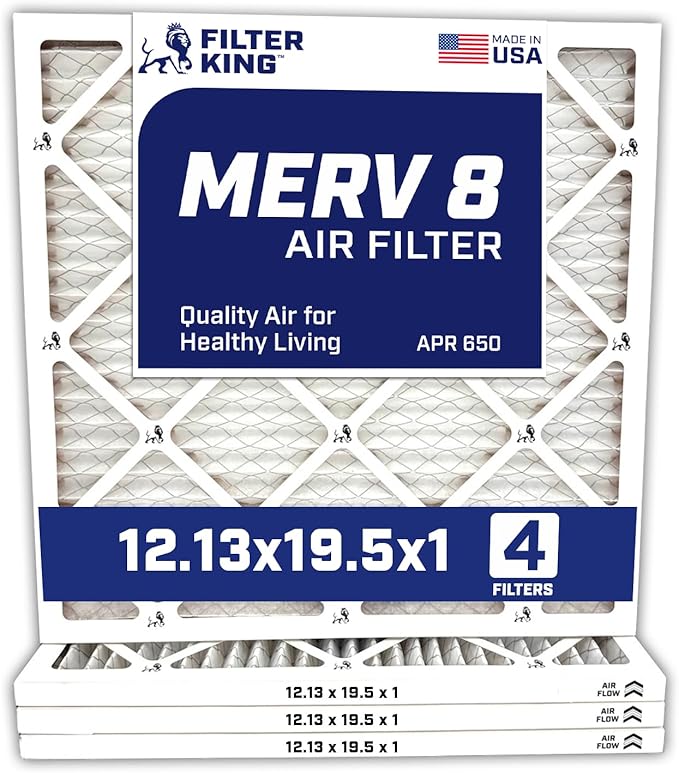 Filter King 12.13x19.5x1 Air Filter | 4-PACK | MERV 8 HVAC Pleated A/C Furnace Filters | MADE IN USA | Actual Size: 12.13 x 19.5 x .75"