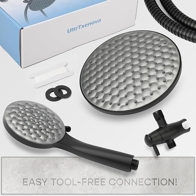 8.6 inch High Pressure 3-Way Shower Heads Combo, Pulsating Rainfall Shower Head, 6-Settings Dual Shower Head with Handheld Hose 6ft Black