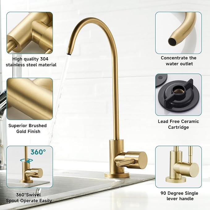 FVITA Brushed Gold Kitchen Faucet 304 Stainless Steel Sink Filter Water Faucet Reverse Osmosis Faucet, RO Faucet Kitchen Water Tap