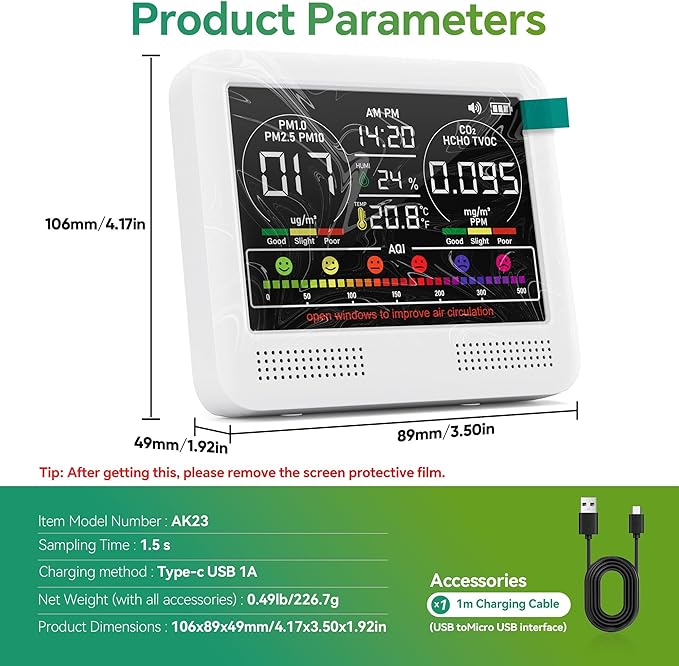 16-in-1 Air Quality Monitor Indoor with 7AQI Beep Alarm, CO2 Monitor, Air Quality Detector with PM1.0 | PM2.5 | PM10 | Temp | HUM | Formaldehyde | VOC Tester for Home Office Plant (White)