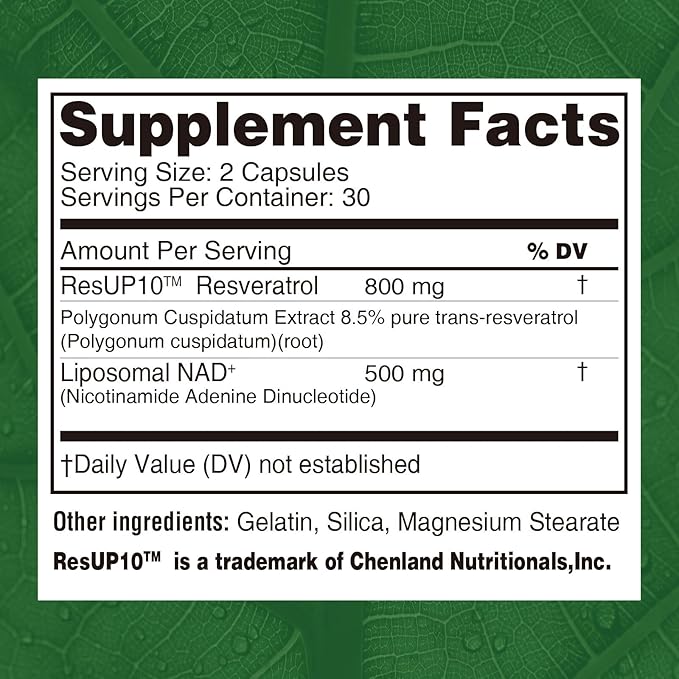 500mg Liposomal NAD+ Supplement, 800mg ResUP10 Resveratrol Complex, Support Aging Health & Cellular Energy, Cardiovascular Supplements,Antioxidant Formula for Men & Women, 30 Servings