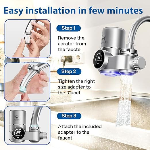 AQUSOFT Faucet Mount Water Filter - LED Sink Water Filter | 99% Filtration New 2.0 Filter Element| Removes Impurities | Tap Water Purifier Fits Standard Faucets - Includes 1 Filter