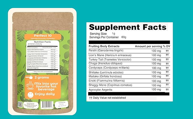 Hongo Mushroom Power - Perfect 10 Mushroom Complex Powder - Lions Mane, Reishi, Cordyceps, Chaga, Turkey Tail, Maitake Supplements - for Immunity, Energy, Memory & Focus - (60 Servings)