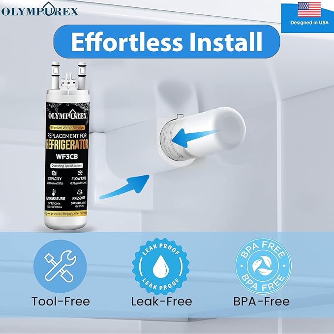 WF3CB Refrigerator Water Filter Replacement, Premium Replacement for WF425, Pure Source 3, 706465, 242069601, 242086201, 242017800, PS3412266, Fridge Water Filter, 9 Inches (Pack 3)