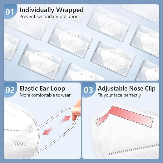 HALIDODO 60 Packs Individually Wrapped KN95 Face Mask 5-Ply Breathable & Comfortable Filter Safety Mask with Elastic Ear loop and Nose Bridge Clip, Protective Face Cover Mask, Multi Color