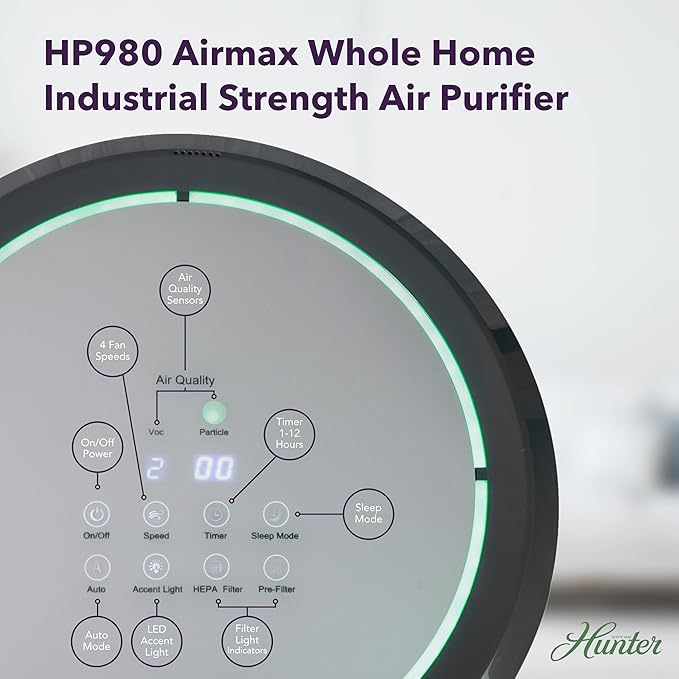 Hunter HP980 Air Purifiers for Home Large Room and Bedroom. Industrial Strength True HEPA Air Purifier for Pets, Odors, Allergens, Smoke, Dust, VOC's. Cleans 3225 Ft² Per Hour.