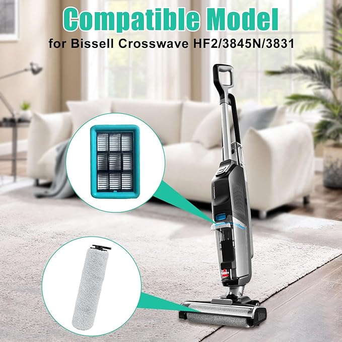 3881 Replacement Roller Brush Filter for Bissell Crosswave HF2/3845N/3831 Floor Scrubber Vacuum, for Bissell Crosswave Replacement Parts, 2 Roller Brush Replacement 2 HEPA Filter