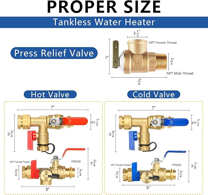 3/4 Inch GUOFIS IPS Tankless Water Heater Valve Kit with Pressure Relief Valve(3/4"FIPx 3/4" Press),1 Set Water Heater Valve Kit
