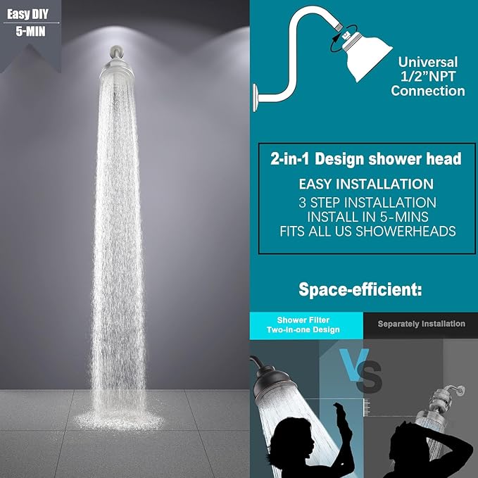 SonTiy Filtered Shower Head, All Metal Shower Filter Head For Hard Water Removes Chlorine, Improve Hair Skin, Adjustable High Pressure Water Softener Showerhead, 6 Inch, Oil Rubbed Bronze