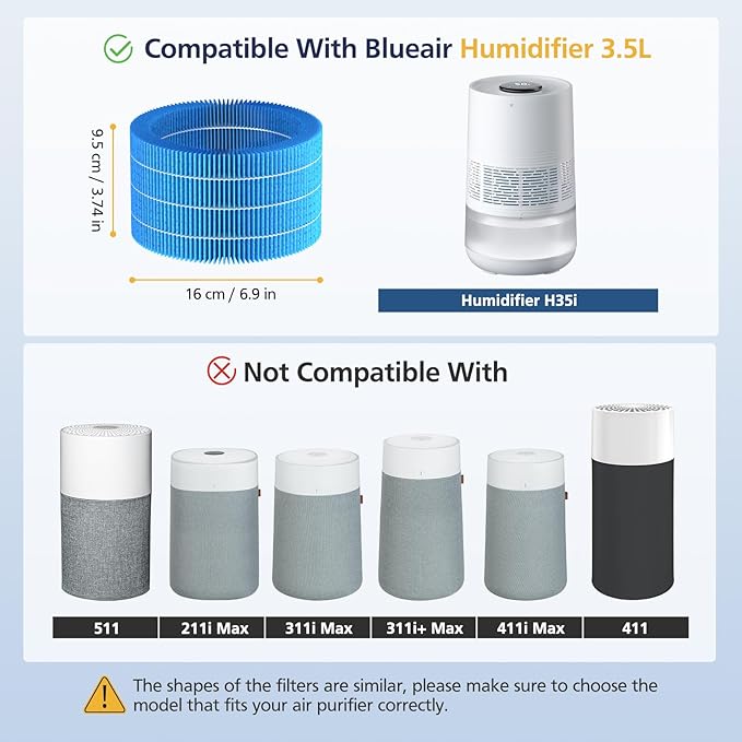 2 Pack Humidifier H35i Wick Filter Replacement Compatible with Blueair Premium Smart Humidifier 3.5L for Large Room Soothing Water Vapors Through Particle & Mineral Collect