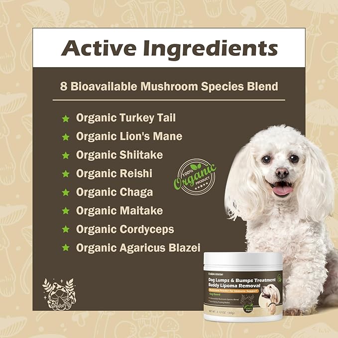 Natural Dog Lumps & Bumps Treatment - Lipoma Supplement for Dogs with Turkey Tail Mushroom Power - Buddy Immune Support & More Energy Guard with Lion’s Mane, Chaga, Reishi, Shiitake Mushrooms
