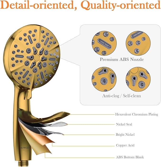 Gold Shower Head with Handheld High Pressure – The High Flow Rain Showerhead with Extra 60" Long Hose and Adjustable Overhead Brass Holder Anti-Clog Silicone Nozzles – Upgrade your Luxurious Bathroom