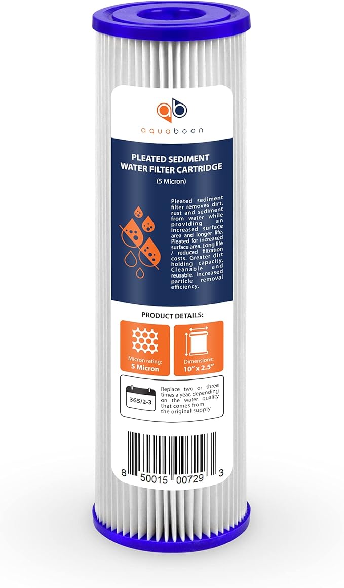 Aquaboon 5 Micron 10x2.5 Whole House Pleated Sediment Filter Cartridge for Well Water Filter Replacement Compatible with WFPFC3002, WHKF-WHPL, 25-Pack