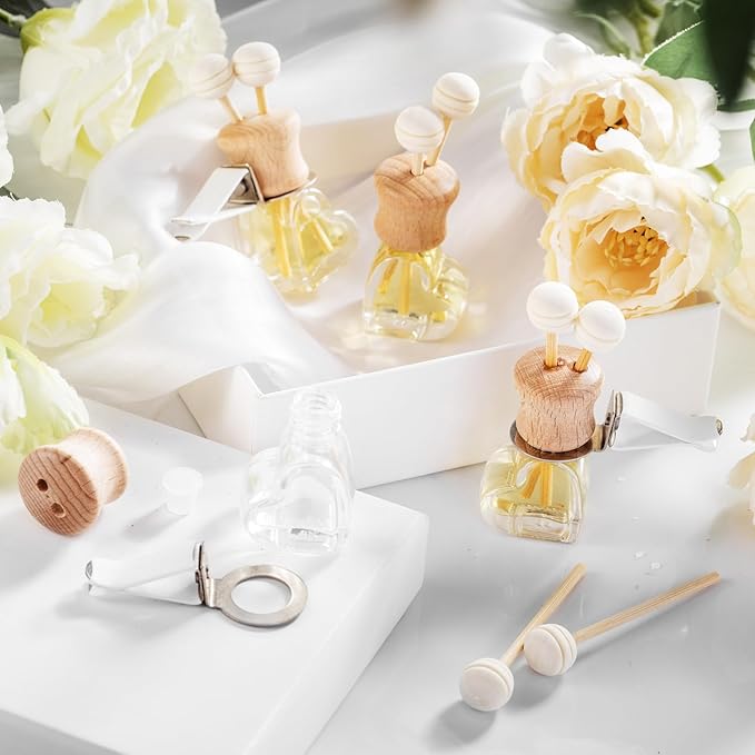 Zubebe 30 Pack Car Air Freshener Diffuser with Vent Clip Empty Car Diffuser Bottles for Essential Oil Perfume Glass Bottle with Wooden Caps Stick(Heart)