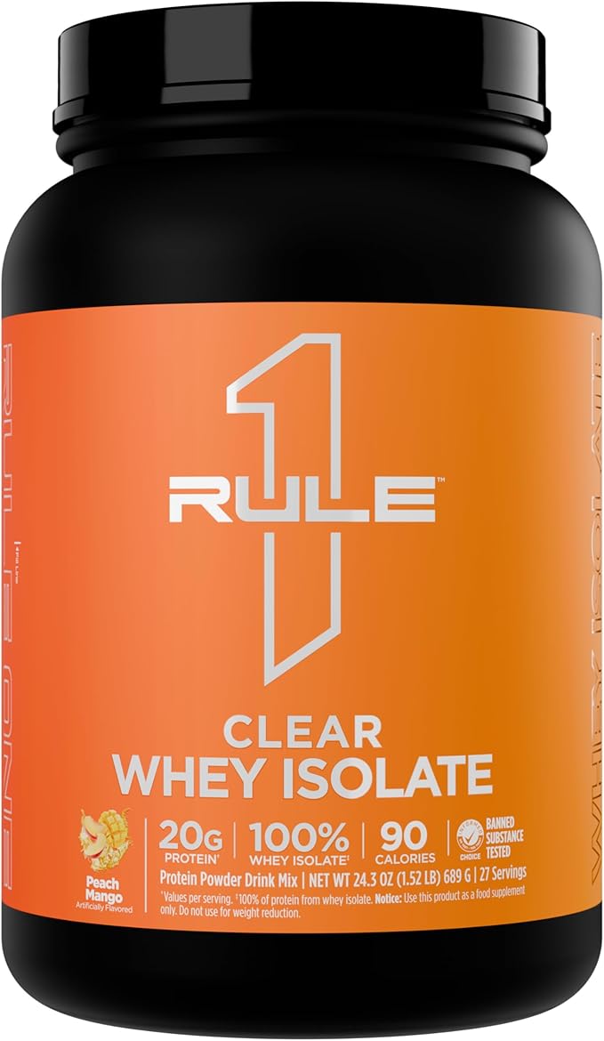 Rule 1 Clear Whey Isolate - 20g All-whey Isolate Protein, Over 9g EAAs, 300mg of Electrolyte Minerals, 90 Calories, Light, Crisp, and Refreshing Taste (27 Servings, Peach Mango)