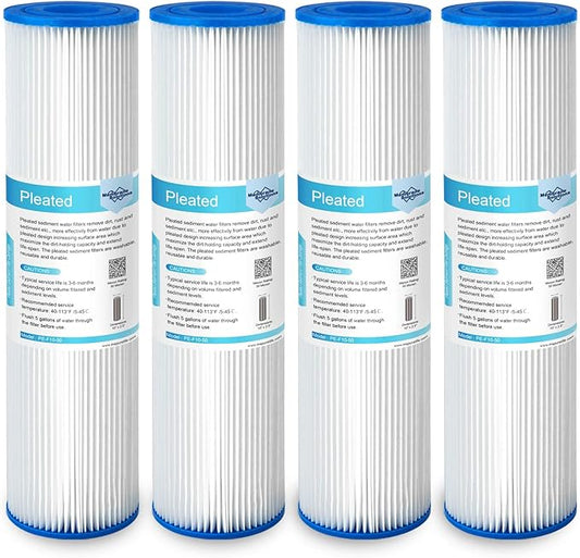 Membrane Solutions 50 Micron Pleated Polyester Sediment Water Filter 10"x2.5" Replacement Cartridge Universal Whole House Pre-Filter Compatible with W50PE, WFPFC3002, SPC-25-1050, FM-50-975 - 4 Pack