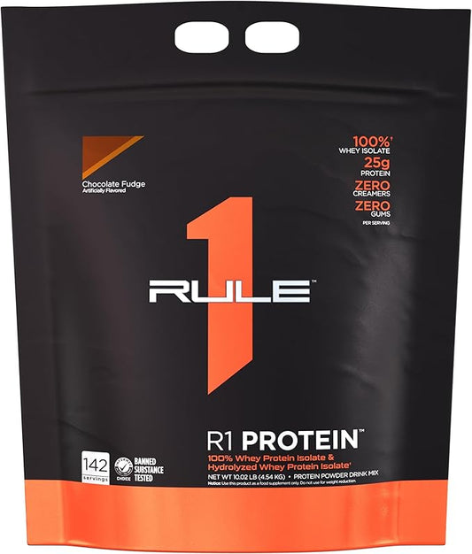 Rule 1 R1 Protein Whey Isolate - with 25g Protein & 6g BCAA Exclusively from Isolated & Hydrolyzed Sources for Workout Recovery (10 Pounds*, Chocolate Fudge)