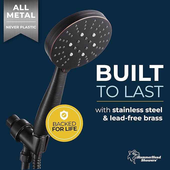 HammerHead Showers® Solid Metal 3-Spray Handheld Shower Head with Long Hose and Holder - OIL RUBBED BRONZE - 2.5 GPM High Pressure Shower Head with Handheld Sprayer - WIDE, MASSAGE, and MIST Sprays