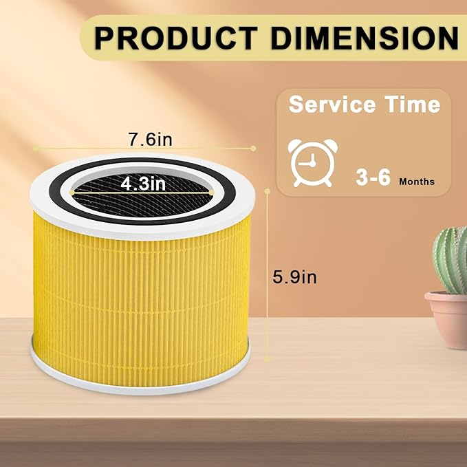 Core 300 Replacement Filter for levoit Core 300 and Core 300S VortexAir Air Purifier, Core 300-RF, 3-in-1 Activated Carbon Filtration System (Yellow, 2 Pack)