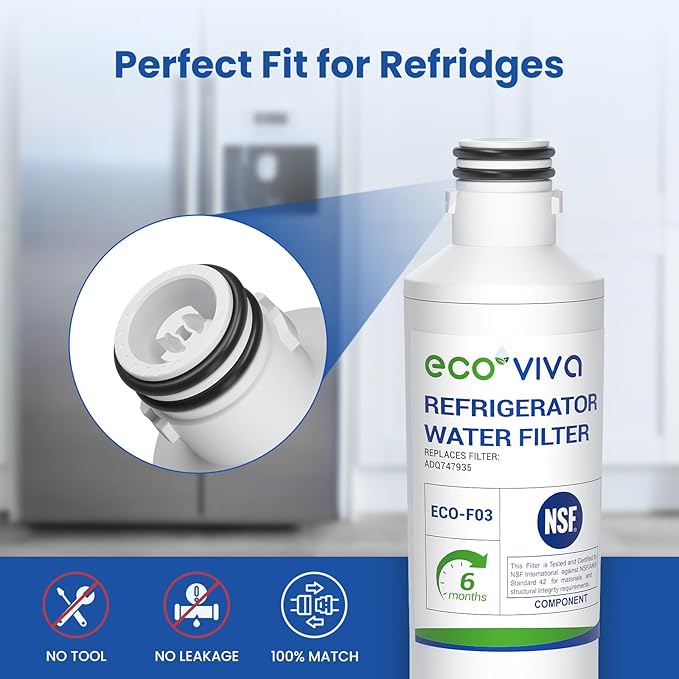Ecoviva LT1000P Replacement Water Filter, NSF/ANSI 42, Compatible with LT1000P MDJ64844601 9980 LT1000PC ADQ74793501 LT1000 LMXS28626S LFXS26973S Refrigerator Water and LT120F Air Filter 3 Pack