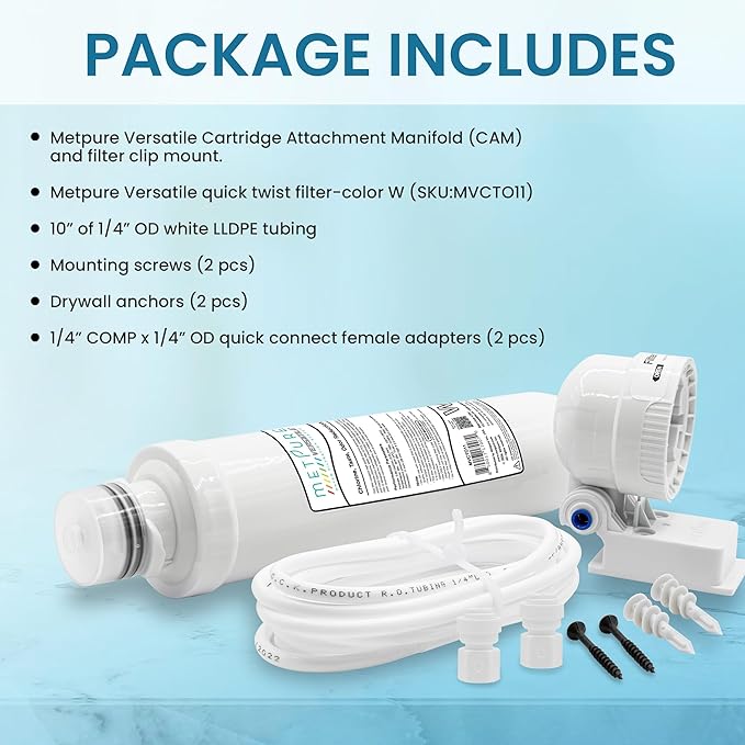 Versatile Inline MVCTO11-KIT Quick Twist Water Filter 1/4" for Refrigerator, Ice Maker, Coffee Maker, Reduces Bad Taste, Odor, Chlorine in Drinking Water. Complete Kit.