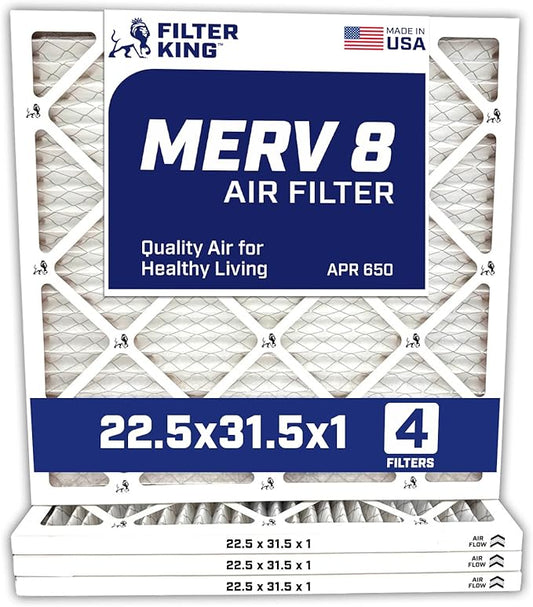 Filter King 22.5x31.5x1 Air Filter | 4-PACK | MERV 8 HVAC Pleated A/C Furnace Filters | MADE IN USA | Actual Size: 22.5 x 31.5 x .75"