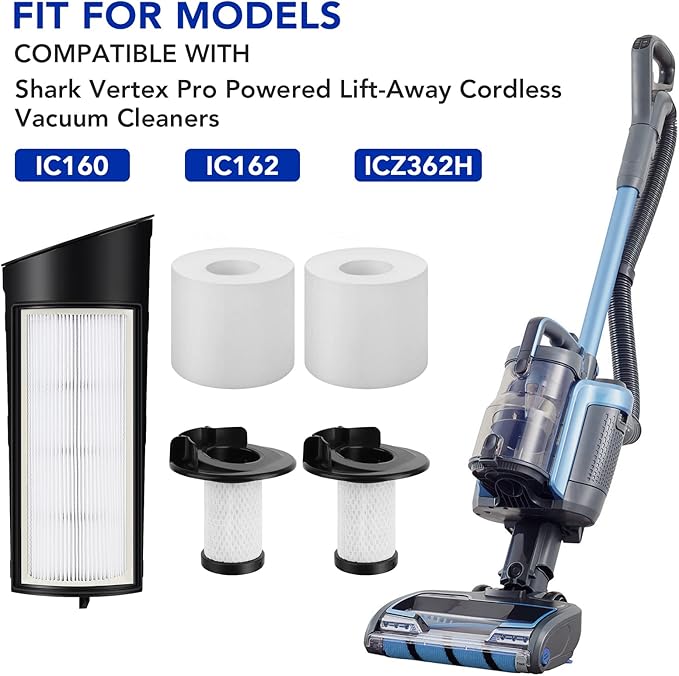 Vacuum Filter Replacement for Shark ICZ362H IC160 IC162 - Accessories Parts for Shark Vertex Pro Powered Lift-Away Cordless Vacuum- 2 Foam Filter and 2 Pre-Motor Filter 1 HEPA Filter and 1 Brush