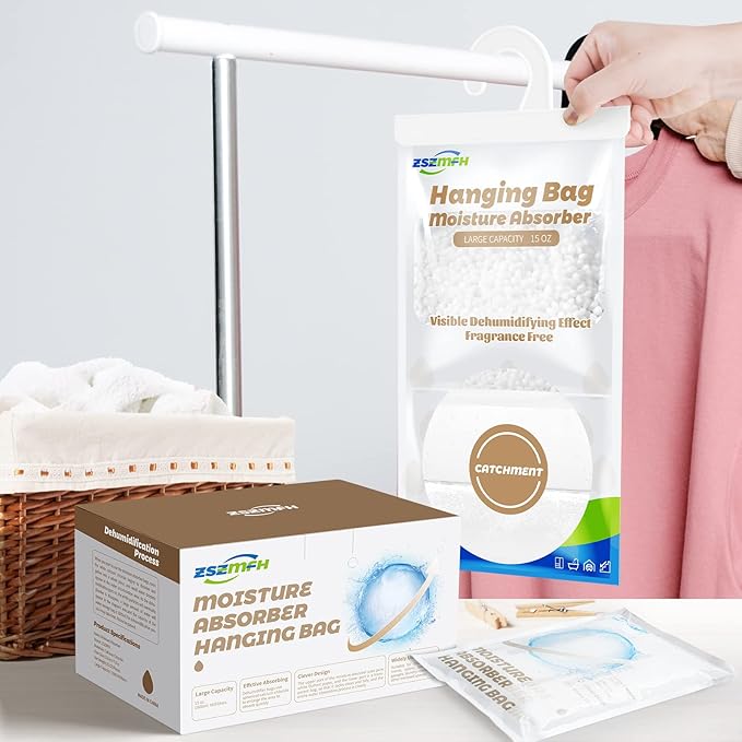 ZSZMFH 12 Pack Moisture Absorber Hanging Bags, Fragrance Free Humidity Packs, 15 OZ Dehumidifier Bags Effectively Trap Extra Moisture,Hanging Closet Dehumidifier Bags-425g/pack