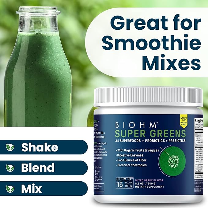 BIOHM Super Greens, Green Superfood Powder (8.5 Oz, 30 Servings) Antioxidant Veggie Powder & Smoothie Mix, 34 Superfoods & Spirulina, Digestive Enzymes, Prebiotics and Probiotics, Mixed Berry Flavor