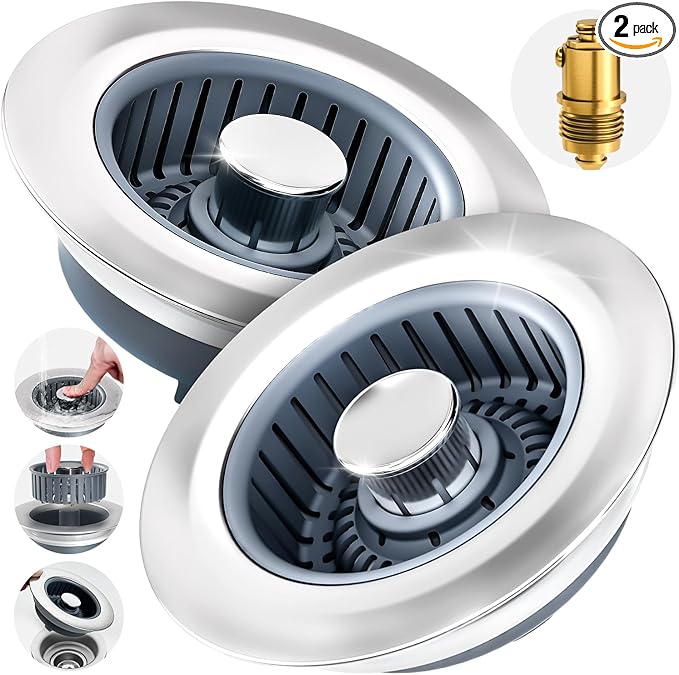 zaa 2 Pack 3 in1 Kitchen Sink Drain Strainer & Sink Stopper, Pop Up Stainless Steel Kitchen Drain Plug & Cover with Anti-Clogging Basket Strainer, Fit US Standard 3-1/2'' Drain Hole