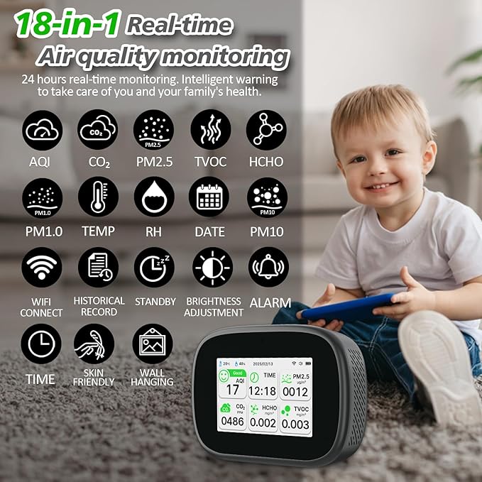 18-in-1 Smart Air Quality Monitor - Indoor WiFi Air Quality Detector with Dual Chip, Real-Time for AQI, CO2, PM2.5, PM1.0, PM10, TVOC, HCHO, Time Display, Temperature & Humidity with Aler (Black-W)