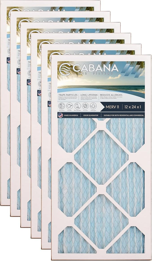 Cabana Filters 12x24x1 AC Furnace Air Filter, Merv 11 Capture Unwanted Particles, Pleated Furnace Filter HVAC AC Filters - Made in the USA - 6 Pack