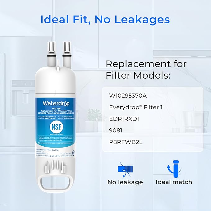 Waterdrop 𝐄𝐃𝐑𝟏𝐑𝐗𝐃𝟏 Replacement for Everydrop® 𝐅𝐢𝐥𝐭𝐞𝐫 𝟏,W10295370A, EDR1RXD1B, P8RFWB2L, P4RFWB, Kenmore® 46-9081, 46-9930, WD-F38 Refrigerator Water Filter, 2 Filters