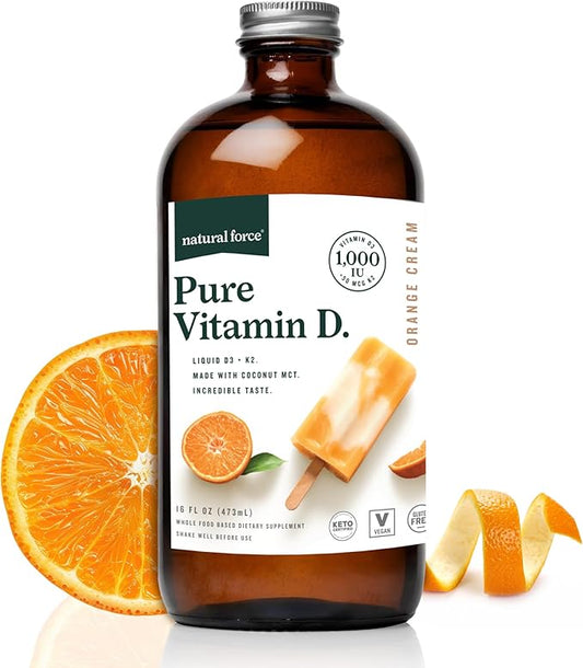 Natural Force Pure Vitamin D – Liquid D3 & K2 with Coconut MCT –1,000 IU, Immunity & Nutrient Absorption Booster- Vegan - Orange Cream, 16 fl oz