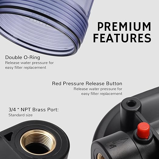 Airthereal Whole House Water Filter Housing, 10" x 4.5" Sediment Carbon Cartridge Universal Housing, Pre-Filtration System for Well and City Water, 3/4" NPT Port Clear Housing Include 1-Pack PP Filter