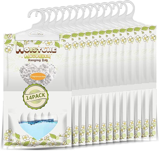 14 Pack Moisture Absorber Hanging Bags,220g/Pack Fagrance Free Moisture Bag,Hanging Closet Dehumidifier Bags for Basement Closet Storeroom