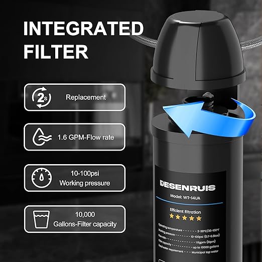 Under Sink Water Filter System, Reduces 99.99% Lead, Chlorine, Bad Taste & Odor, Under Counter Water Filter Direct Connect to Kitchen Faucet, 10000 Gallons, by DESENRUIS