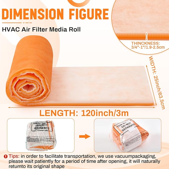 1 In x 25 In x 10 Ft Air Vent Filters Roll DIY Cut to Size Air Filter material Roll Orange and White Polyester Air Filter Media for HVAC Furnace Aquarium Window Floor Vent
