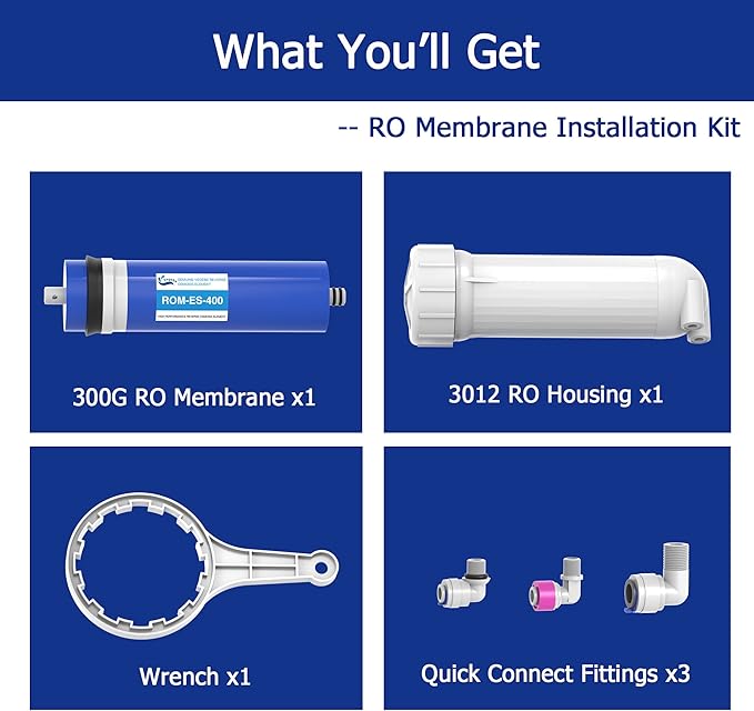 400 GPD RO Membrane Filter Replacement with Reverse Osmosis Membrane Housing, Wrench, 1/4" Quick-Connect Fitting, Check Valve, Fit Under Sink RO Home Drinking Water Filter Filtration Purifier System
