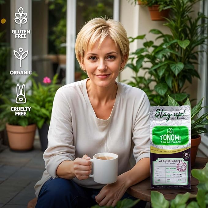 Tonomi Stay Up! Dark Roast Ground Coffee - All Natural Blend with Hint of Vanilla, Chocolate & Caramel - Coarse Grounds for Cold Brew or Traditional Brewing - Caffeine Packed, 32oz